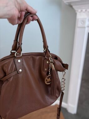 Michael Kors Chestnut Brown Leather Satchel with Tassel and Logo Charm